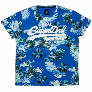 Superdry Royal Blue Tropical Leaf Print Logo Tee – Men’s Large – 100% Cotton